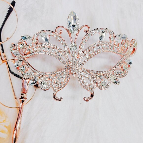 Rose Gold Masquerade Mask, Clear Crystal Masquerade Mask  Clear Crystal Masquerade Mask with Stick, Met Gala Rose Gold Mask, Theatre Mask